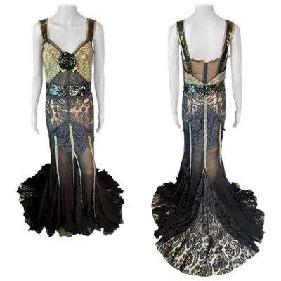Pre-owned Dolce & Gabbana 2004 Unworn Metal Mesh Chainmail Sheer Lace Evening Dress Gown In Black