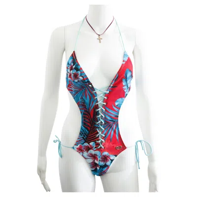 Pre-owned Dolce & Gabbana 2005 Floral Lace Up Swimsuit Size S In Gray