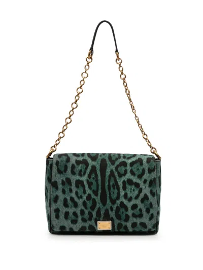 Pre-owned Dolce & Gabbana 2010-2025 Leopard Printed Denim Flap Crossbody Bag In Green