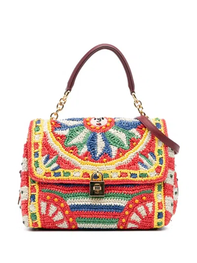 Pre-owned Dolce & Gabbana 2010-2025 Raffia Crochet Sicilian Cart Miss Sicily Satchel In Multi