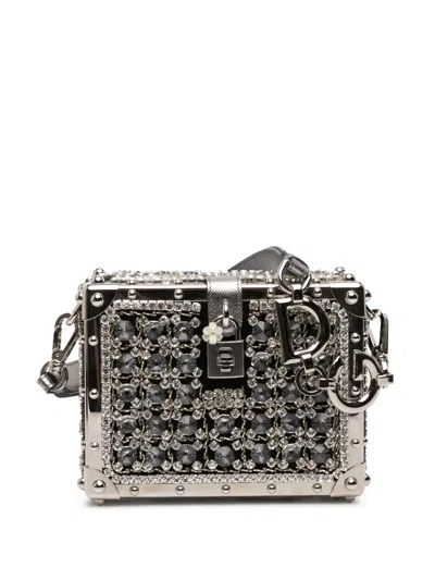 Pre-owned Dolce & Gabbana 2010-2025 Rhinestone Embellished Jacquard Dolce Box Bag Shoulder Bag In Black
