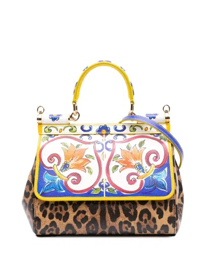Pre-owned Dolce & Gabbana 2010-2025 Small Majolica And Leopard Printed Leather Miss Sicily Satchel In Brown