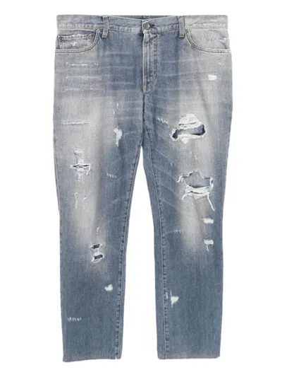 Pre-owned Dolce & Gabbana 2010 Distressed Leather Patch Trousers In Blue