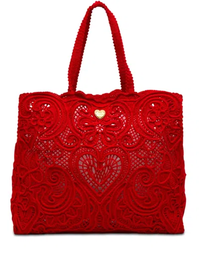 Pre-owned Dolce & Gabbana 2010-2026 Large Cordonetto Lace Beatrice Shopper Tote Bag In Red