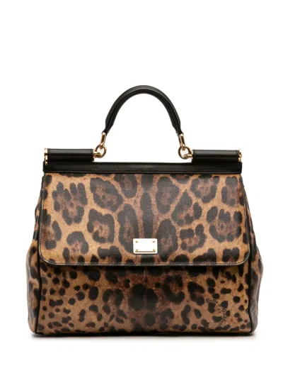 Pre-owned Dolce & Gabbana 2010-2026 Large Leopard Print Calfskin Miss Sicily Satchel In Brown