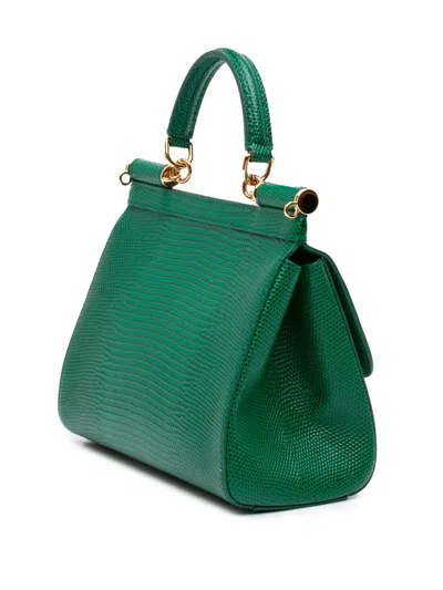 Pre-owned Dolce & Gabbana 2010-2026 Small Iguana Embossed Calfskin Miss Sicily Satchel In Green