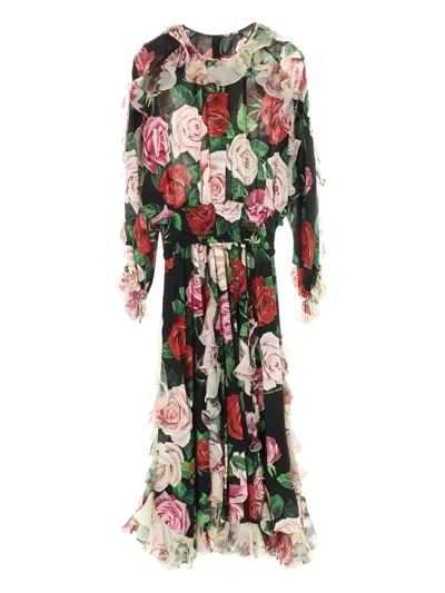 Pre-owned Dolce & Gabbana 2010s Chiffon Rose Floral Pattern Maxi Dress In Black