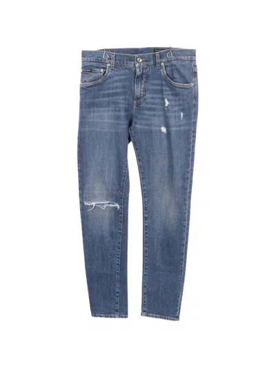 Pre-owned Dolce & Gabbana 2010s Logo-embroidered Distressed Jeans In Blue