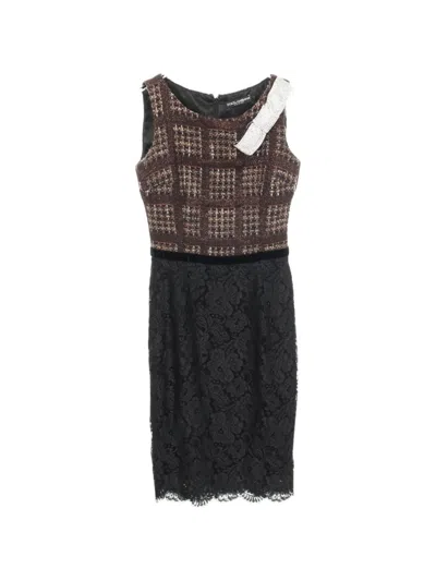 Pre-owned Dolce & Gabbana 2010s Ribbon Tweed Lace Midi Dress In Brown