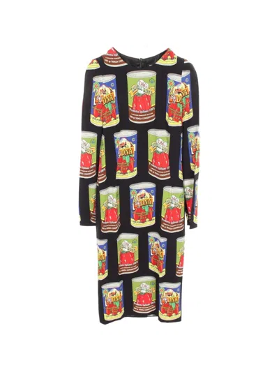Pre-owned Dolce & Gabbana 2010s Tomato Can-print Long-sleeve Midi Dress In Black