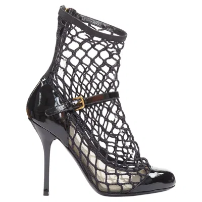 Pre-owned Dolce & Gabbana Dolce Gabbana 2012 Patent Leather Fishnet Panels Maryjane Heeled Booties Eu36 In Black