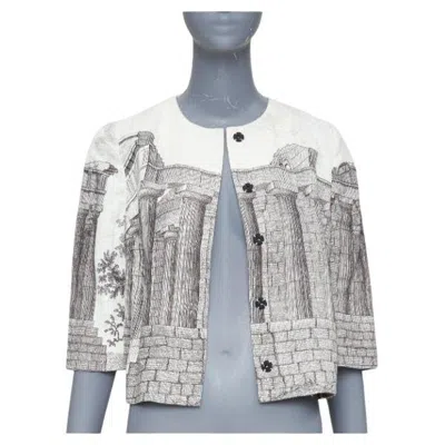 Pre-owned Dolce & Gabbana Dolce Gabbana 2014 Cream Linen Grey Greek Temple Printed Cropped Jacket It40 S In White