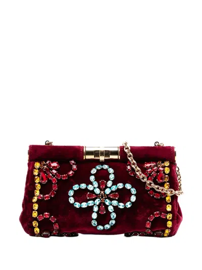 Pre-owned Dolce & Gabbana 2014 Mini Crystal Embellished Velvet Barrel With Chain Shoulder Bag In Red