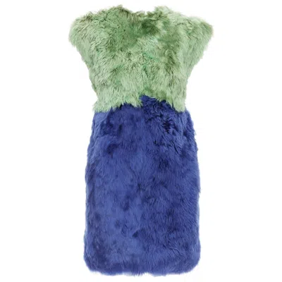 Pre-owned Dolce & Gabbana Dolce Gabbana 2014 Runway Blue Alpaca Fur Floral Crystal Buttons Dress It36 Xxs