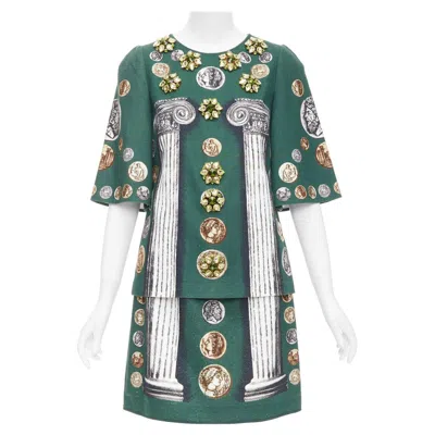 Pre-owned Dolce & Gabbana Dolce Gabbana 2014 Runway Green Roman Coin Column Bejeweled Skirt Set It38 Xs