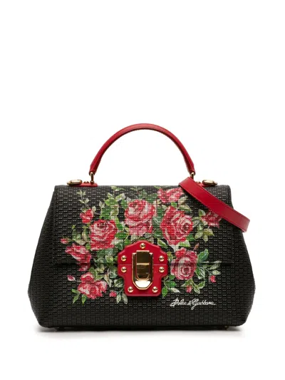 Pre-owned Dolce & Gabbana 2017-2020 Calfskin Floral Print Lucia Satchel In Black