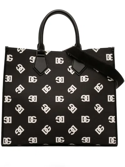 Pre-owned Dolce & Gabbana 2020-2026 Large Logo Canvas Shopping Tote Satchel In Black