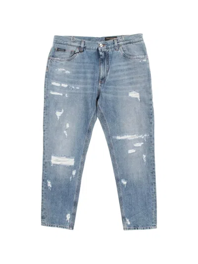 Pre-owned Dolce & Gabbana 2020s Distressed Logo-embroidered Jeans In Blue