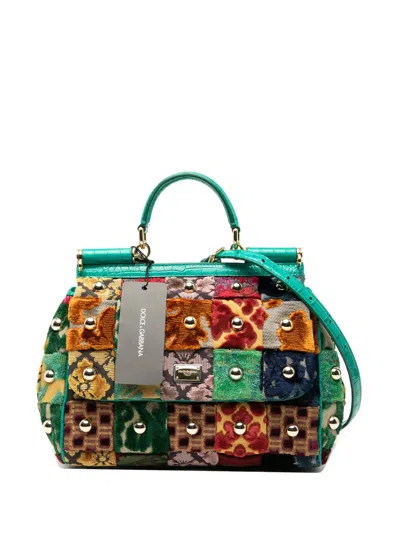 Pre-owned Dolce & Gabbana 2021 Medium Velvet Studded Patchwork Sicily Satchel In Green