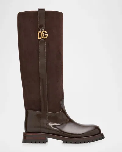 Dolce & Gabbana 20mm Velata Mixed Leather Knee-high Boots In Brown