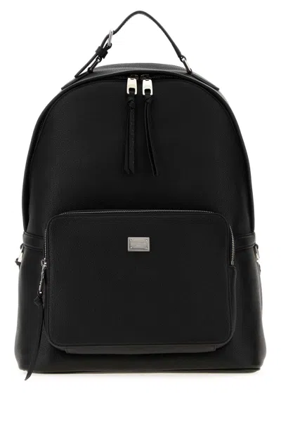Dolce & Gabbana 32 Cm Leather Backpack With Silver Metal Finishing In Black