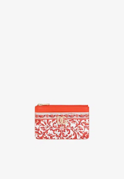Dolce & Gabbana 3.5 Majolica Print Zip Cardholder In Orange