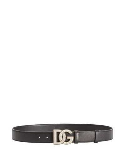 Dolce & Gabbana 35 Mm Temple Height Belt Buckle In Vintage Brass And Palladium Plated Calf Leather W In Black