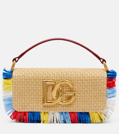 Dolce & Gabbana 3.5 Logo-embellished Fringed Leather-trimmed Raffia Shoulder Bag In Neutral