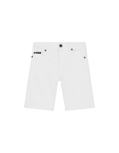 Dolce & Gabbana Kids' 5 Pocket Denim Bermuda Shorts With Logo Plaque In White