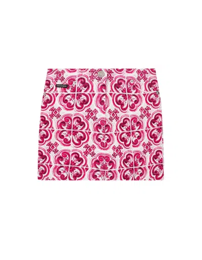Dolce & Gabbana Kids' 5 Pocket Denim Mini Skirt With Fuchsia Majolica Print In Pink