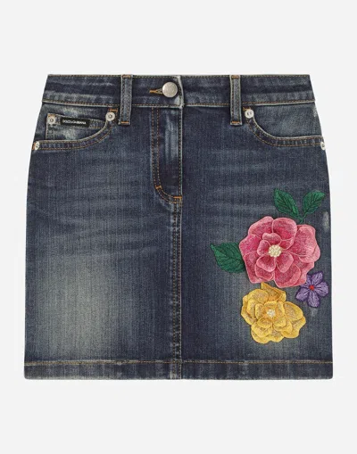 Dolce & Gabbana 5-pocket Denim Skirt With 3d Flowers And Branded Tag In Blue