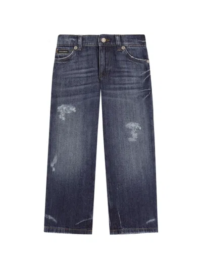 Dolce & Gabbana Kids' 5-pocket Washed Denim Trousers In Blue