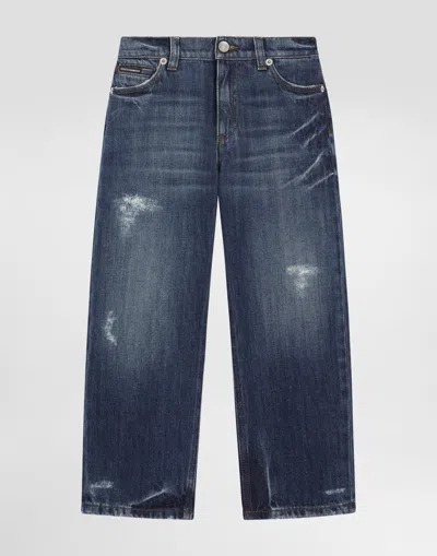 Dolce & Gabbana Kids' 5-pocket Washed Denim Trousers In Blue