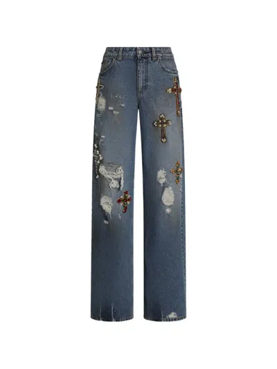 Dolce & Gabbana 5-pocket Denim Trousers With Embroidery In Blue