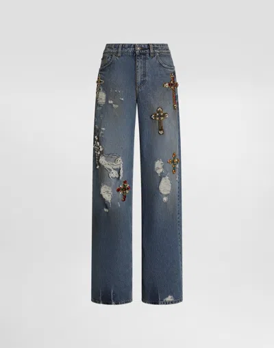 Dolce & Gabbana 5-pocket Denim Trousers With Emrboidery In Multicolor