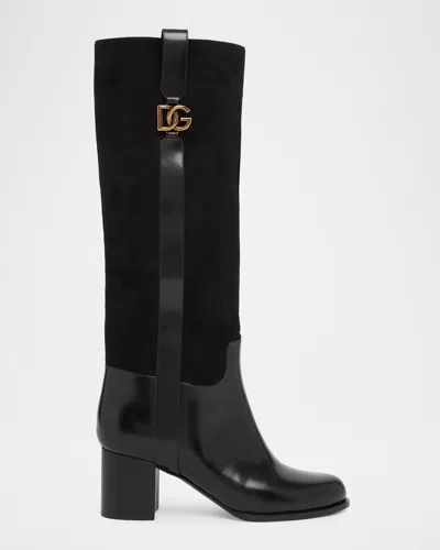 Dolce & Gabbana 60mm Dg Equestrian Mixed Leather Knee-high Boots In Black