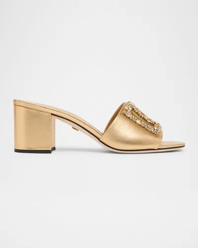 Dolce & Gabbana 60mm Embellished Dg Metallic Leather Slide Sandals In Gold