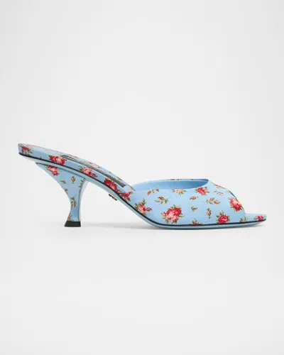 Dolce & Gabbana Keira Satin Mules With Little Roses Print In Blue