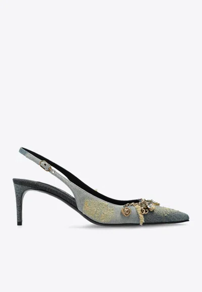DOLCE & GABBANA 65 CHARM EMBELLISHED SLINGBACK DENIM PUMPS