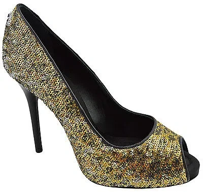 Pre-owned Dolce & Gabbana $650  Gold Black Beads D&g Stiletto Peep Toe High Heels