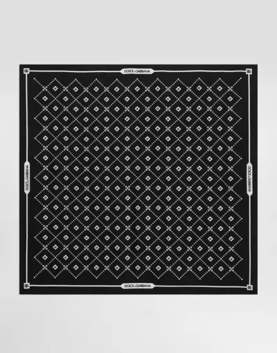 Dolce & Gabbana 70x70 Silk Twill Scarf With Micro-design And Logo In Black