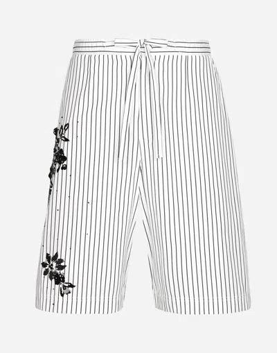 DOLCE & GABBANA STRIPED POPLIN SHORTS WITH EMBROIDERY