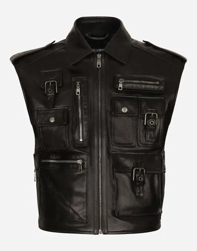 Dolce & Gabbana Leather Vest With Multiple Pockets In ブラック