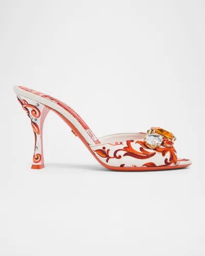 Dolce & Gabbana 85mm Maiolica Canvas Peep-toe Slide Sandals In Multi