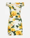 DOLCE & GABBANA SHORT DRAPED COTTON DRESS WITH YELLOW ROSE PRINT