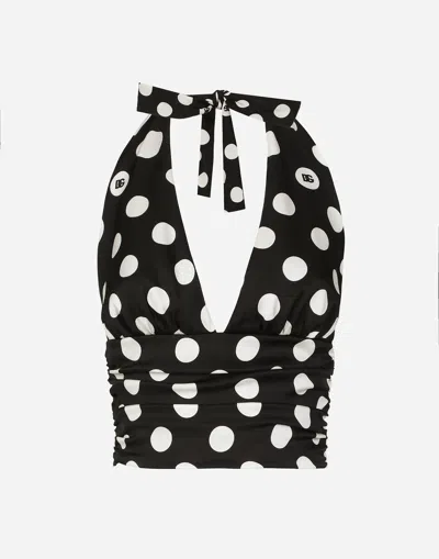 DOLCE & GABBANA POLKA-DOT CHARMEUSE TOP WITH PLUNGING NECKLINE