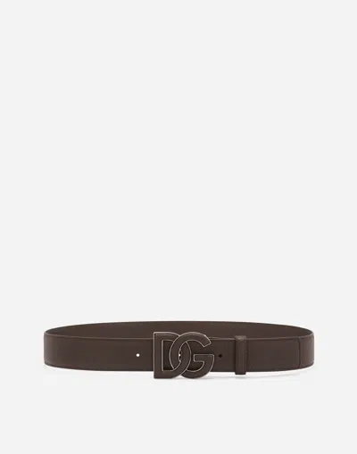 Dolce & Gabbana Deerskin-print Calfskin Belt With Logo Print In Brown