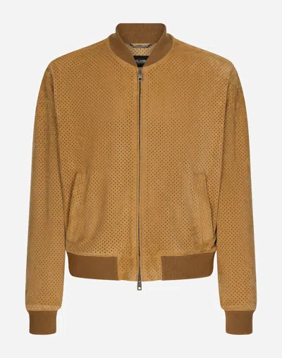 Dolce & Gabbana Perforated Suede Bomber Jacket In Orange