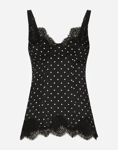 DOLCE & GABBANA SILK LINGERIE-STYLE TOP WITH POLKA-DOT PRINT AND LACE DETAILING