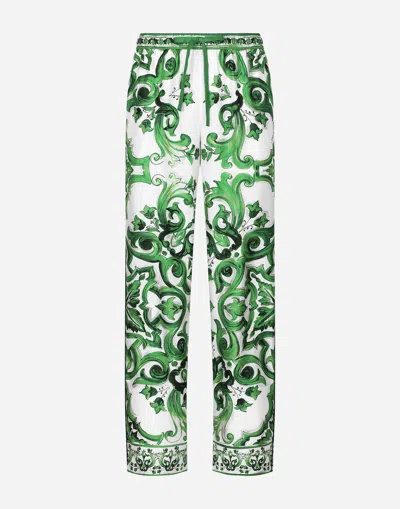 DOLCE & GABBANA SILK TWILL JOGGING PANTS WITH MAJOLICA PRINT